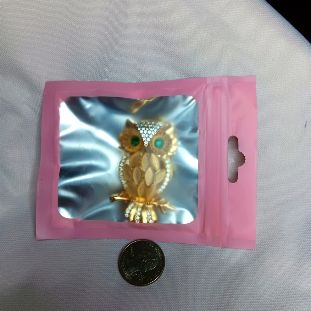 Gold Owl Brooch with Silver And Green Accents New In Packaging